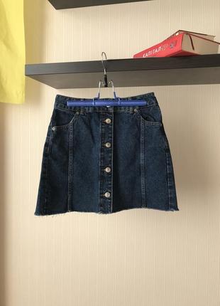 Женская юбка трапеция из джинсы 100% коттон синего цвета корот...