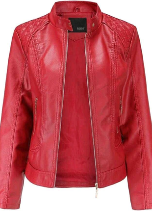 Женская Байкерская Куртка из Искусственной Кожи (Красная / M)