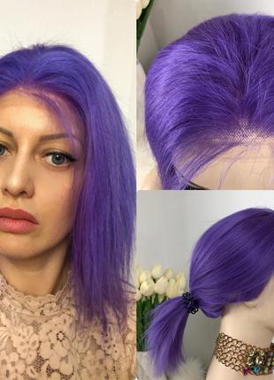 Парик из натуральных волос ярко фиолетовый (сетка на макушке)