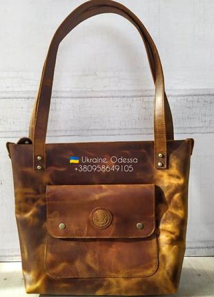 Кожаная женская сумка/сумка на пляж. Сумка шоппер коричневая.