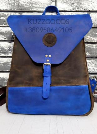 Кожаный синий рюкзак. Женский синий портфель.