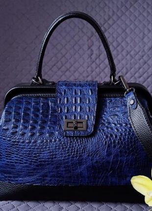 Кожаная женская синяя сумка. Женская сумка с тиснением крокодила.