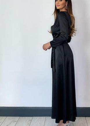 Чорне довге плаття в підлогу максі шовкове атласне сатин-ре.
