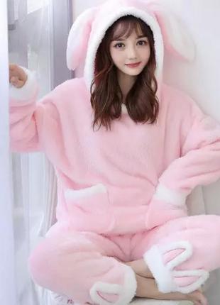 Новая мягкая тёплая розовая зимняя пижама зайчик с капюшоном с...