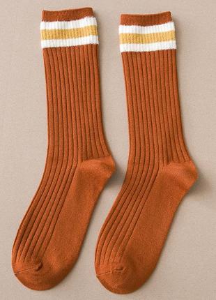 Женские длинные носки в рубчик рыжие с полосками высокие носки...