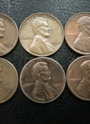 Монеты один цент США 1963D 1978 1980D 1987D 1991