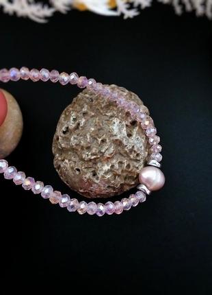 Кольє чокер намисто рожевий кришталь намистини натуральна перл...