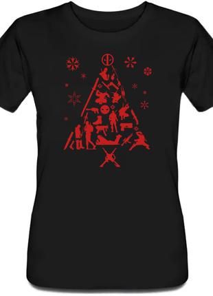 Женская новогодняя футболка "Deadpool Tree" (чёрная)