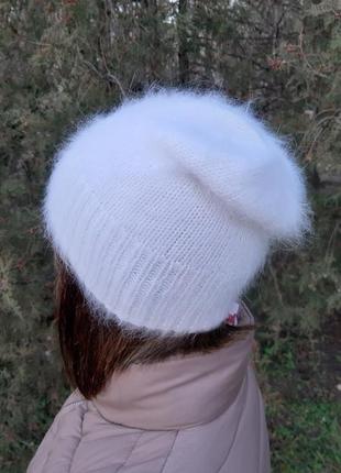 Біла ангорова шапка, жіноча в'язана шапка люксова ангорова шап...