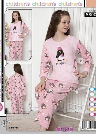 Пижама теплая детская для девочки подростковая розовая