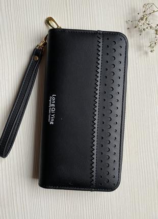 Женский кошелек портмоне эко-кожа чёрный с ремешком на запястье