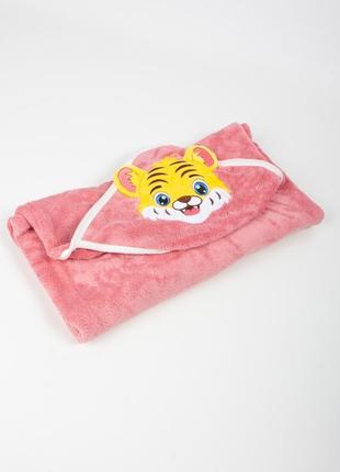 Полотенце с уголком для купания тигр, 80*80 см., розовое