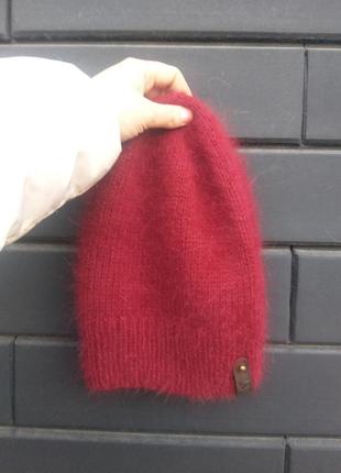 Бордовая (цвет марсала) ангоровая шапка бини