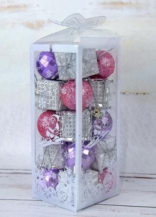 Набор елочных шаров 3см, цвет - серебро, фиолетовый и розовый,...