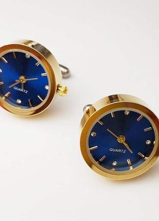 Запонки часи годинник золоті сині циферблат lux