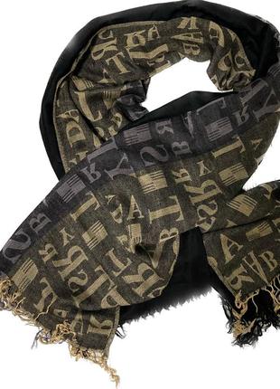 Широкий шарф палантин серо-бежевый с черным, 190х80см