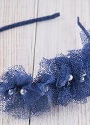 Обруч для волос праздничный фатин с жемчужинками синий