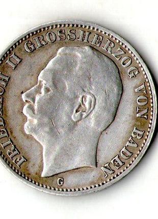 Германская империя БАДЕН 3 марки 1909 год Фридрих II серебро №...