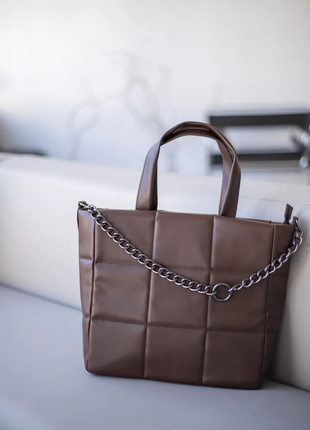 Женская коричневая сумка шопер коричневый шоппер стеганная сумка