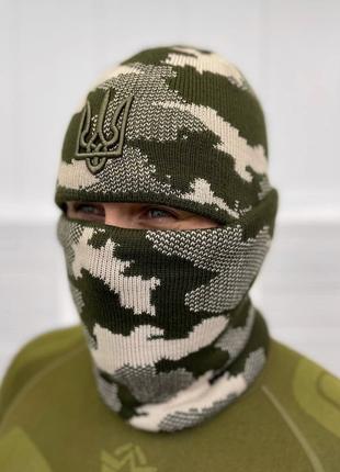 Комплект шапка з тризубом і камуфляжний бафф В'язаний комплект...