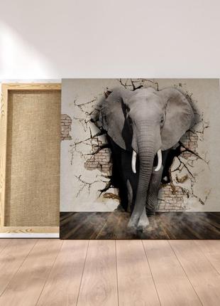 Картина, холст на подрамнике "Слон проламывает стену. 3D иллюс...