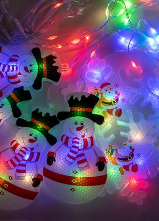 Cветодиодная гирлянда бахрома "Фигурки 3D снеговика и снежинки...