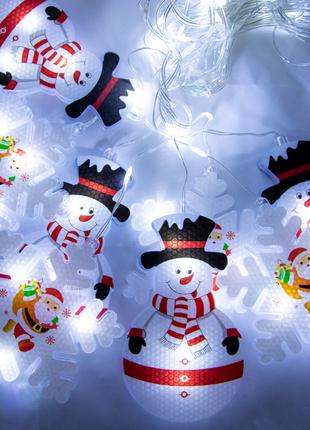 LED гирлянда бахрома "Фигурки 3D снеговика и снежинки" Холодны...