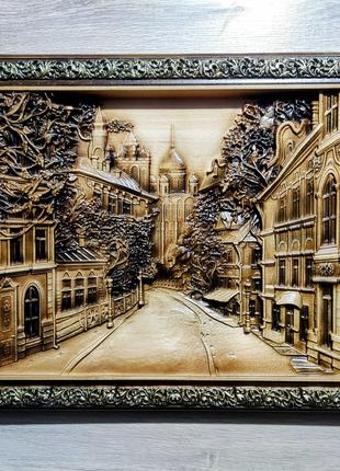 Панно "Вулиця міста" "Місто", дерев'яна картина, декор