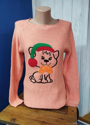 Женский свитер джемпер с кошечкой персиковый полувер турция