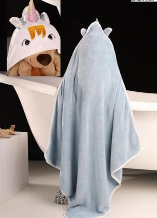 Полотенце уголок детское банное единорог голубое