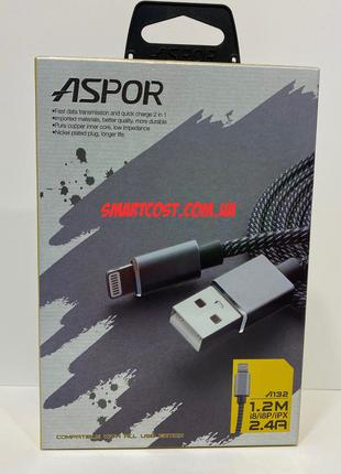 USB кабель Aspor -A132 lightning iphone Nylon 2.4A/ 1.2 м черн...