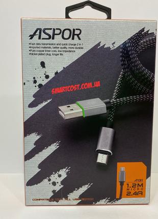 USB кабель Aspor A131 micro Nylon 2.4A/ 1.2 м черный Оригинал