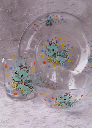 Детский набор посуды стеклянный "Дракончик" (3 предмета)