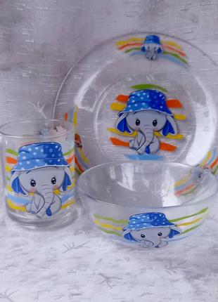 Дитячий набір посуду скляний "Слоненя" (3 предмети)