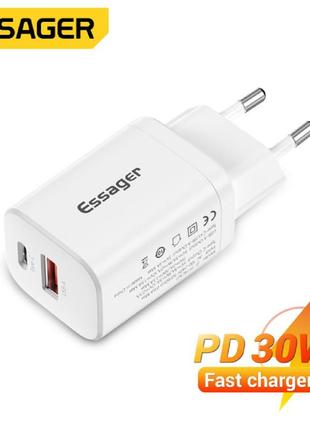 Быстрое зарядное устройство Essager Fast Charger 30W (USB-C+US...