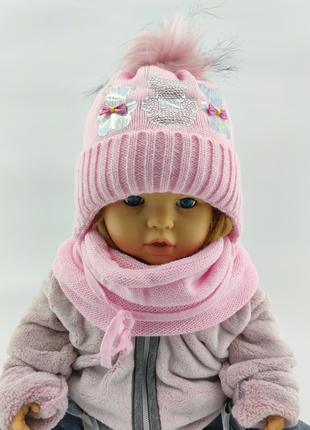 Детская вязаная шапка 48-52 размер Польша теплая с флисом хому...