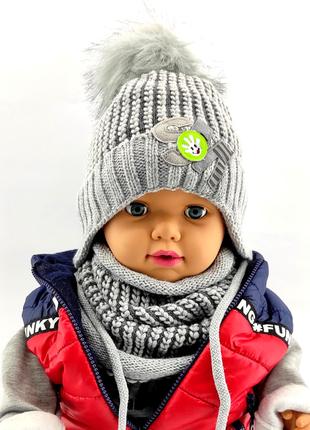 Детская вязаная шапка 48-52 размер Польша теплая с флисом хому...