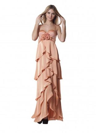 Вечернее платье-бюстье на тонких бретелях длинное в пол персиково