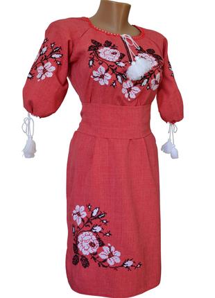 Жіноча вишита хрестиком плаття Льон різні кольори р. 42 - 60