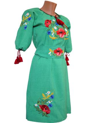 Вышиванка платье женское лен с поясом зеленое Цветы Family Loo...