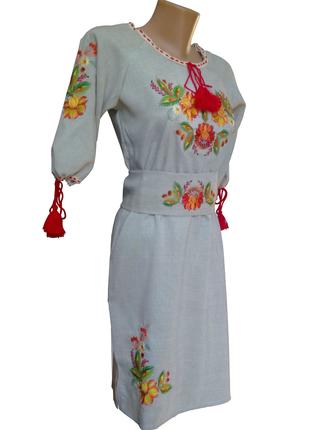 Платье женское вышитое Лен Вышиванка с поясом р.42 - 60