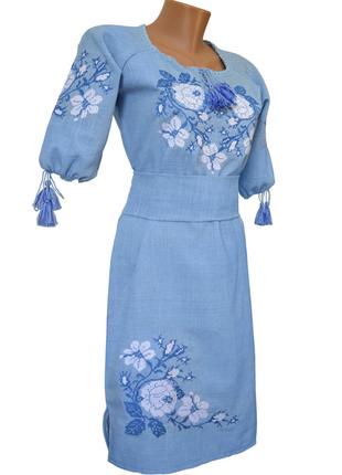 Платье вышиванка женское лен голубое вышивка крестиком р.42 - 60