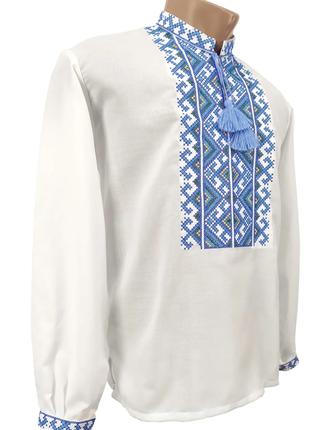 Белая Домотканая рубашка вышиванка для мальчика Голубой орнаме...