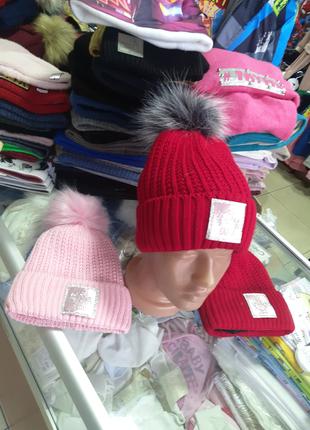 Зимняя вязанная шапка для девочки флис отворот натуральный мех...