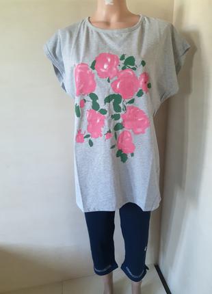 Женская летняя футболка большие размеры серая розы 52 54