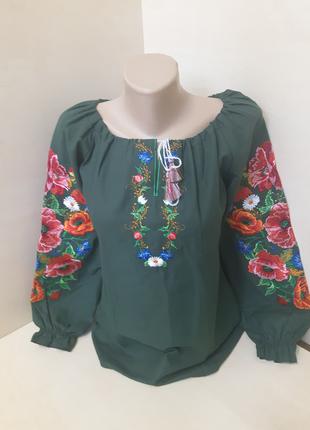 Женская домотканая рубашка Вышиванка зеленая размер 42