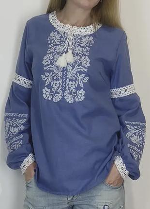 Жіноча домоткана сорочка вишиванка блакитна р.44 - 60