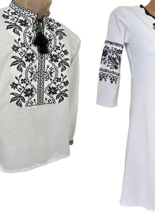 Біле жіноче плаття Вишиванка для пари чорний орнамент Family L...