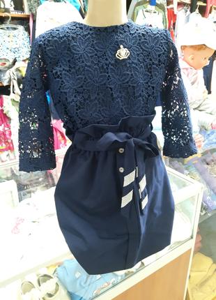 Синяя нарядная блуза для девочки кружево хлопок размер 128 - 158