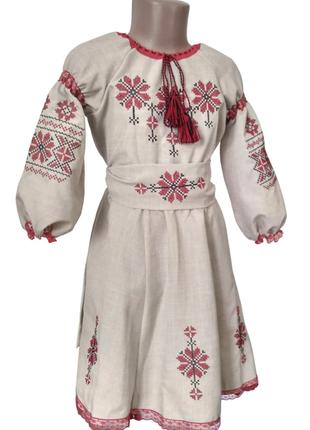 Платье Вышиванка лен для девочки красная вышивка 98 - 128